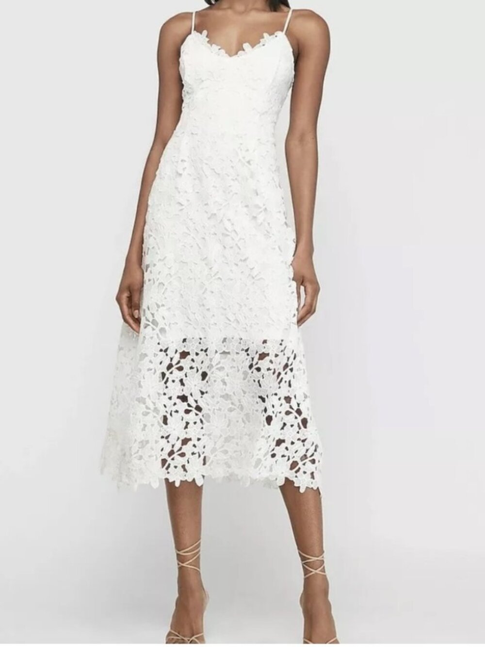 NWT Express White Lace Midi Dress, XS, Wedding Cocktail Bridal